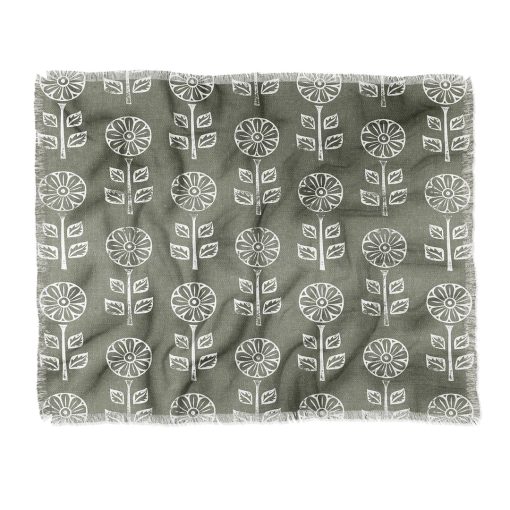 New 👍 Deny Designs Little Arrow Design Co Block Print Floral Olive Green Throw Blanket ✔️ -Deny Designs Online Store